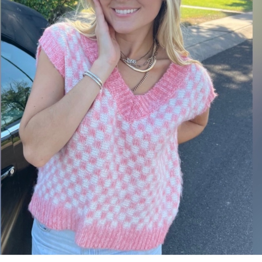 FRNCH Pink Checker Plaid Eyelash Sweater Vest